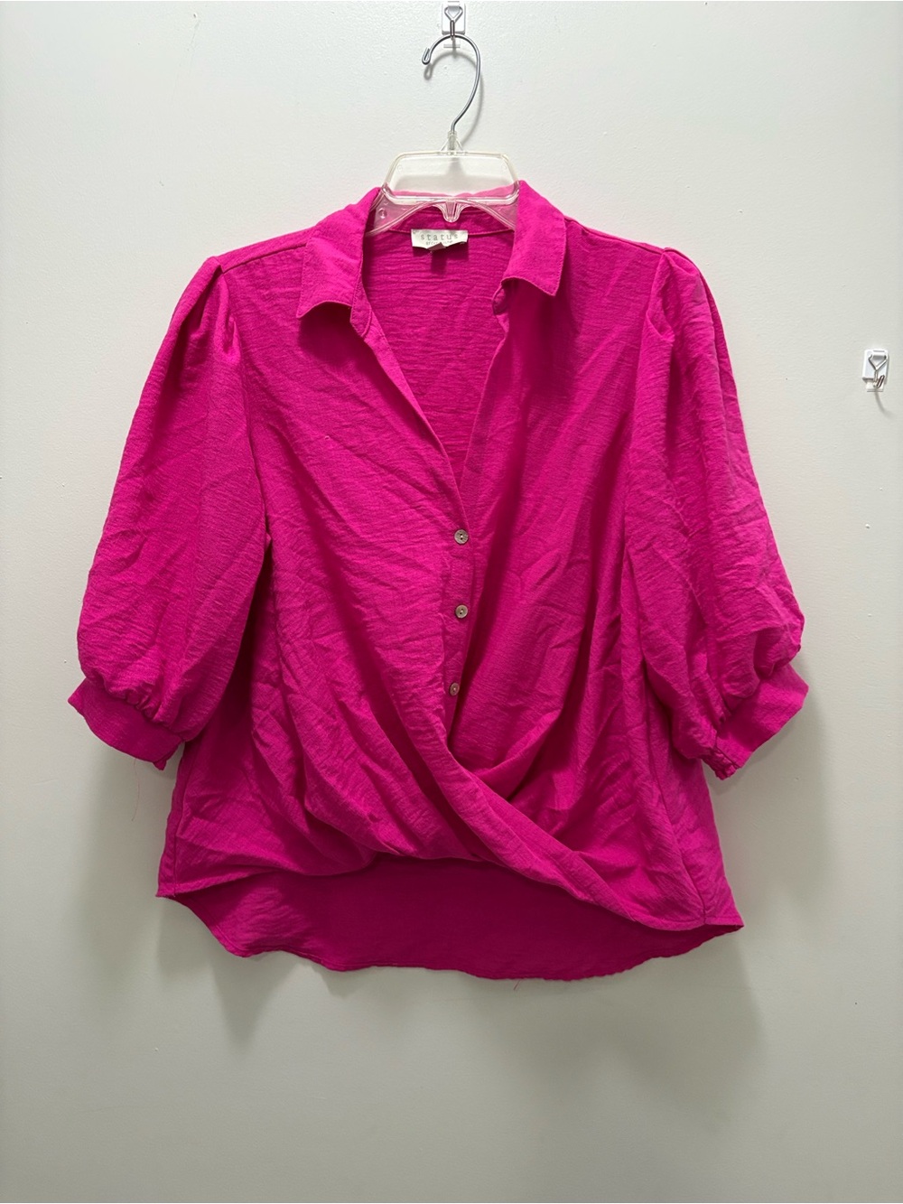 Fuchsia Puff-Sleeve Faux-Wrap Button Blouse